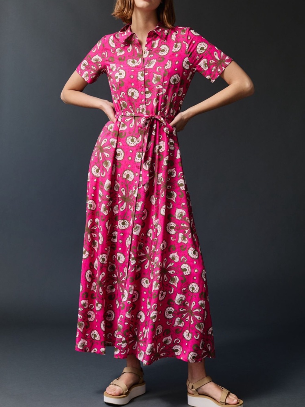 Feminine Pink Floral Shirtwaist Maxi Dress with Tie Waist